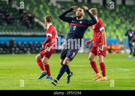 Szombathely, Hongrie. 28 mars 2021. Amine Gouiri (9) de France vu lors du match de l'UEFA EURO U-21 entre la Russie et la France au stade Haladas à Szombathely. (Crédit photo : Gonzales photo/Alamy Live News Banque D'Images