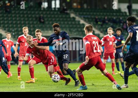 Szombathely, Hongrie. 28 mars 2021. Odsonne Edouard (22) de France vu lors du match de l'UEFA EURO U-21 entre la Russie et la France au stade Haladas à Szombathely. (Crédit photo : Gonzales photo/Alamy Live News Banque D'Images