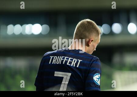 Szombathely, Hongrie. 28 mars 2021. Adrien Truffert (7) de France vu lors du match de l'UEFA EURO U-21 entre la Russie et la France au stade Haladas à Szombathely. (Crédit photo : Gonzales photo/Alamy Live News Banque D'Images