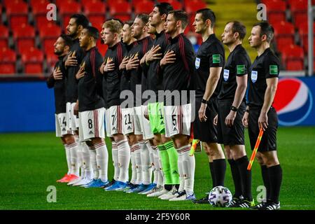 Prague, République tchèque. 27 mars 2021. L'équipe belge pose au début du groupe de qualification de la coupe du monde E: Tchéquie contre la Belgique à Prague, République Tchèque, le samedi 27 mars 2021. Crédit : vit Simanek/CTK photo/Alay Live News Banque D'Images