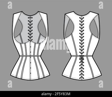 Gilet sans manches corset illustration technique de la mode avec sans manches, fermeture à laçage en cordon dans le dos, coupe près du corps, baleines. Modèle de vêtement plat sur le devant, style blanc. Femmes, hommes, unisex top CAD maquette Illustration de Vecteur