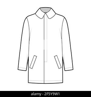 Manteau de voiture technique illustration de la mode avec manches longues, col à revers rond, corps large, passepoil cousu, fermeture de la peau. Modèle de veste plate sur le devant, style blanc. Femmes, hommes, maquette de CAD unisex Illustration de Vecteur