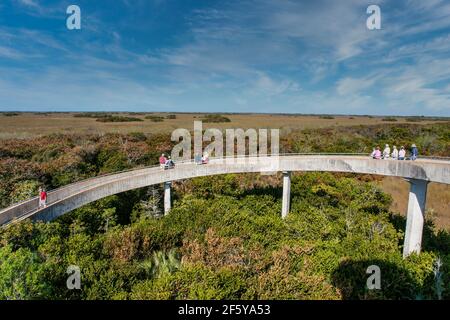 Une rampe circulaire monte jusqu'à la Tour d'observation avec vue sur des kilomètres de clairières à ciel ouvert à Shark Valley dans le parc national des Everglades en Floride. Banque D'Images