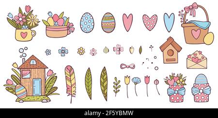 Ensemble d'icônes joyeuses Pâques, style dessiné à la main Illustration de Vecteur