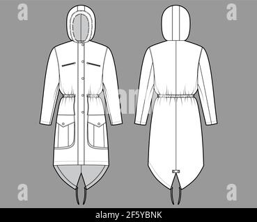 Parka manteau illustration technique de la mode avec capuche en fausse fourrure, manches longues, corps ajusté, longueur genou, poches à rabat. Modèle de veste plate à l'avant, à l'arrière, de couleur blanche. Femmes hommes unisexe top maquette CAD Illustration de Vecteur