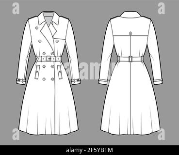 Trench manteau complet illustration technique de la mode avec ceinture, col à revers large napoléon, longueur genou, rabat anti-tempête. Modèle de veste plate à l'avant, à l'arrière, de couleur blanche. Femmes, hommes, unisex top CAD maquette Illustration de Vecteur