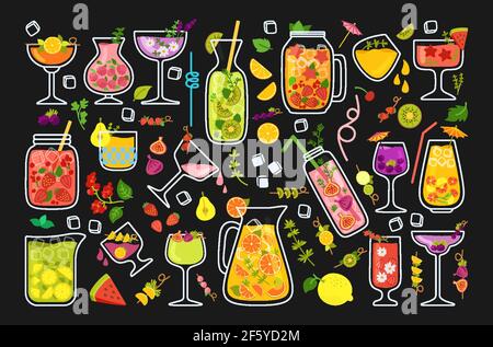 Cocktails tropicaux, jus de fruits d'été, ensemble de dessins animés. Limonade aux fraises et thé, Mojito et menu Orange frais ou smoothie. Boissons en verre et fruits. Illustration vectorielle tendance au design plat sur fond noir Illustration de Vecteur