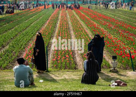 Srinagar, Inde. 28 mars 2021. Les gens prennent des photos à l'intérieur du jardin des tulipes lors d'une journée de printemps ensoleillée à Srinagar.des centaines de personnes se faubourent dans les alcôves d'amandiers et les jardins de tulipes en pleine floraison du Cachemire, décrits par certains professionnels de la santé mentale locaux comme « thérapeutiques pour la psyché rouge écarlate ». La vallée a été sous des périodes prolongées de confinement au cours des 19 derniers mois. (Photo par Irrees Abbas/SOPA Images/Sipa USA) crédit: SIPA USA/Alay Live News Banque D'Images