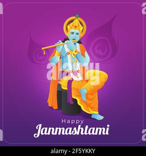 Bonne carte de vœux Janmashtami avec lord krishna jouant de la flûte dorée Illustration de Vecteur