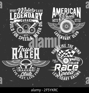 Imprimés de tee-shirt de course de rallye automobile avec drapeau à carreaux vectoriels, volant de véhicule et canons avec typographie sur fond de grunge noir. Course et mot Illustration de Vecteur