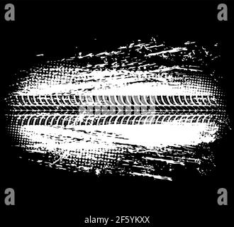 Impression de pneus traces de roues de voiture sur la route, les courses de moto vecteur saleté grunge arrière-plan. Les traces de pneus blanches sont imprimées sur les camions noirs à chenilles de vélo sales Illustration de Vecteur