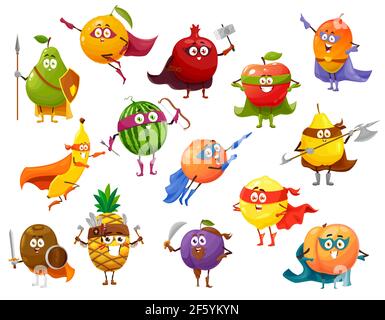 Super héros fruit caricature personnages ensemble de vecteur super nourriture. Drôle de pomme, citron, pêche et mangue, orange, banane, poire et prune, pastèque et avocat Illustration de Vecteur