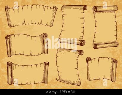 Manuscrits, parchemins de papier et manuscrits anciens, vecteur papyrus ancien. Rouleaux de croquis et bannières parchemin, rouleaux de documents anciens et script Illustration de Vecteur