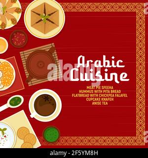 Cuisine arabe vecteur viande tarte sfeeha, houmous avec pain pita, pain plat avec falafels de pois chiches, cupcake knafen, sauce, et boisson chaude thé anis. Arabi Illustration de Vecteur