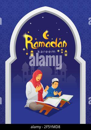 Ramadan kareem carte de voeux vectorielle avec femme en prière et elle Fils après avoir lu le Saint Coran Illustration de Vecteur