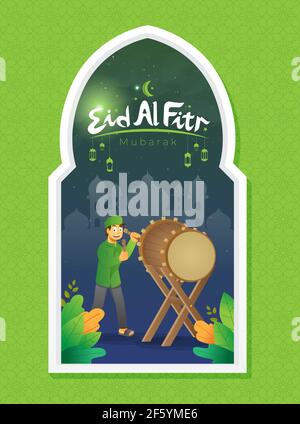 Carte de voeux vectorielle EID al fitr avec un garçon qui frappe un tambour cérémonial Illustration de Vecteur