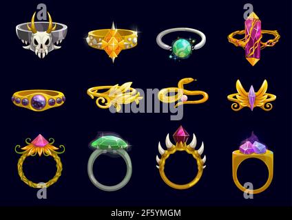 Magic Rings et fantaisie bijoux dessin vectoriel de dessin animé de l'interface utilisateur de jeu ou ui. Bijoux d'or de sorcière ou de magicien avec pierres précieuses, diamants, rubis et Illustration de Vecteur