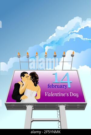 Grand panneau publicitaire sur ciel bleu avec image de la Saint-Valentin. Illustration 3d vectorielle Illustration de Vecteur