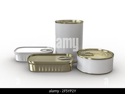 Une collection de boîtes en étain de différentes formes avec un pelable couvercle à onglets utilisé dans l'emballage des produits à base de poisson - Rendu 3D Banque D'Images