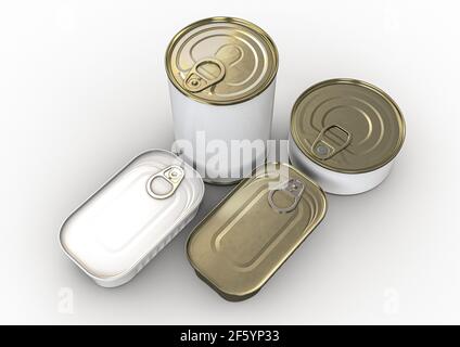 Une collection de boîtes en étain de différentes formes avec un pelable couvercle à onglets utilisé dans l'emballage des produits à base de poisson - Rendu 3D Banque D'Images