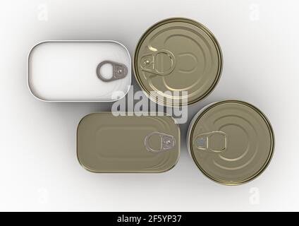 Une collection de boîtes en étain de différentes formes avec un pelable couvercle à onglets utilisé dans l'emballage des produits à base de poisson - Rendu 3D Banque D'Images