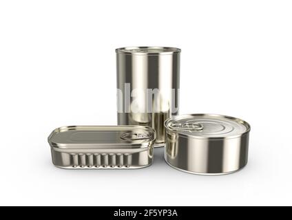 Une collection de boîtes en étain de différentes formes avec un pelable couvercle à onglets utilisé dans l'emballage des produits à base de poisson - Rendu 3D Banque D'Images