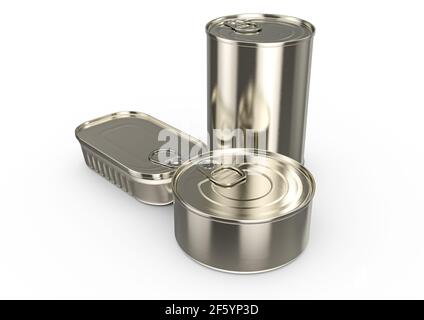 Une collection de boîtes en étain de différentes formes avec un pelable couvercle à onglets utilisé dans l'emballage des produits à base de poisson - Rendu 3D Banque D'Images