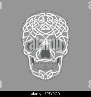 Vector crâne celtic motif blanc sur fond gris, décoration pour halloween et le jour mexicain des morts Illustration de Vecteur