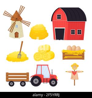 Ferme ensemble avec balle de foin, arnaque, moulin à vent, tracteur dans le style de dessin animé isolé sur fond blanc. Collection Agricultute, éléments ruraux. Vecteur Illustration de Vecteur