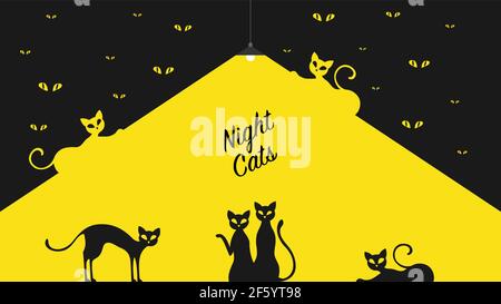 Silhouettes de dessin animé de chats dans la nuit sur fond jaune noir illustration vectorielle. Illustration de Vecteur