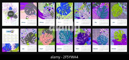 Calendrier mural 2021 avec plantes tropicales exotiques. Design contemporain. Illustration de Vecteur