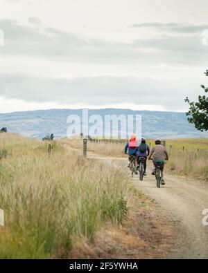 Trois personnes pédalent sur la piste ferroviaire centrale d'Otago, à la campagne, sur l'île du Sud. Format vertical. Banque D'Images