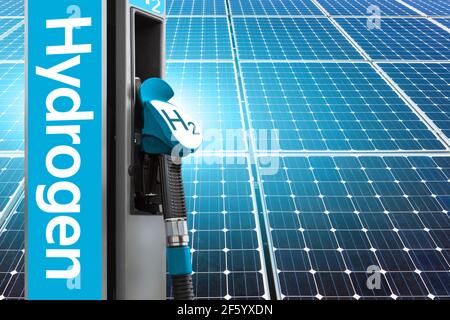 Station de gaz hydrogène avec panneaux solaires et éoliennes en arrière-plan. Obtenir de l'hydrogène vert à partir de sources d'énergie renouvelables Banque D'Images