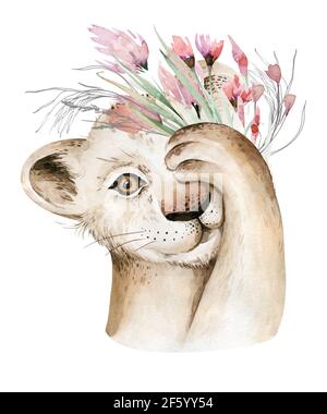 Affiche tendance avec un lion. Illustration d'animal savane de lion de caricature aquarelle. Imprimé d'été exotique sur la savane tropicale de jungle. Banque D'Images