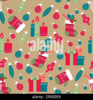 Motif de Noël vectoriel sans couture, joli motif de couleur pour autocollants, étiquettes, étiquettes, papier cadeau, cartes de vœux, affiches, bannières, tissus, Illustration de Vecteur