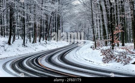 Kekesteto, Hongrie - Winding route d'hiver aux montagnes de Matra près de Kekesteto. Route asphaltée courbée avec des arbres enneigés dans le forset pendant un hiver froid Banque D'Images