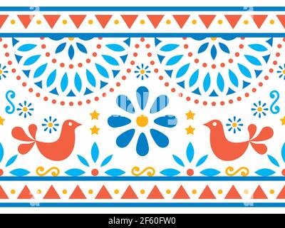 Motif vectoriel d'art populaire mexicain long sans couture avec oiseaux et fleurs, textile ou carte de vœux inspiré de l'art traditionnel du Mexique Illustration de Vecteur