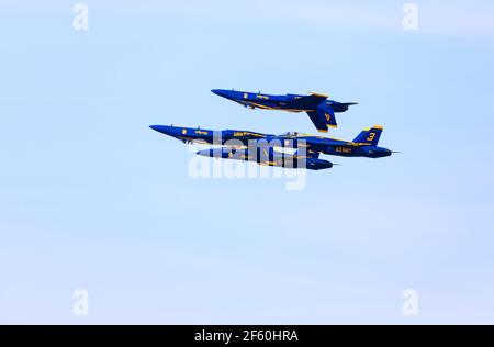 McDonnell Douglas F/A-18 les Hornets de l'escadron de démonstration de vol de la marine américaine, les Blue Angels, se sont spectacle au-dessus de San Francisco pendant la semaine de la flotte le 2019 novembre. Banque D'Images