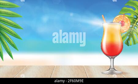 Tequila Sunrise cocktail sur une table en bois sur un fond de plage. Illustration vectorielle au réalisme photographique. Illustration de Vecteur