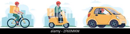 Concept de service de livraison en ligne, suivi des commandes en ligne, livraison à domicile et au bureau. Vélo de coursier, cyclomoteur et voiture de livraison voiture électrique. Ensemble d'illustrations vectorielles de style plat. Illustration de Vecteur