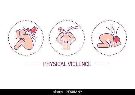 Jeu d'icônes de ligne de couleur de violence physique. Harcèlement, abus social et intimidation. Elément vectoriel isolé. Illustration de Vecteur