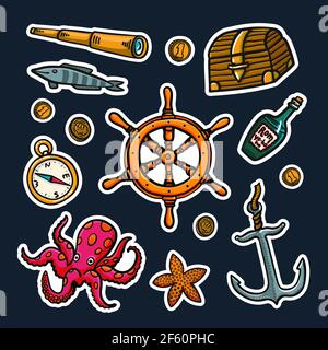 Ensemble d'autocollants Sea Adventures. Objets vectoriels marins dessinés à la main. Illustration vectorielle de style Doodle Illustration de Vecteur
