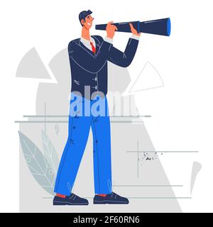 Vision des tâches d'affaires et possibilité de développement, concept de plan de carrière avec homme d'affaires regardant à travers le télescope spyglass, illustration de vecteur plat Illustration de Vecteur