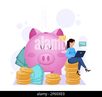 Services bancaires, paiements en ligne. Concept financier. Femme travaillant sur un ordinateur portable près d'une grande banque de porc. Style plat. Illustration vectorielle sur fond blanc Illustration de Vecteur