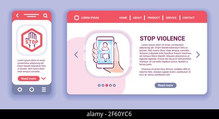 Bannière Web Stop violence et kit d'application mobile. Harcèlement, abus social et intimidation. Illustration de Vecteur