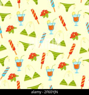 Motif sans couture avec articles d'été pour les vacances, maillot de bain, cocktail, crème glacée, fleur tropicale, imprimé vectoriel de style dessin animé, plat Illustration de Vecteur