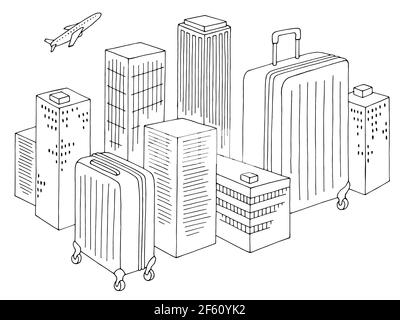 Illustration d'un dessin de paysage urbain noir blanc avec valise à bagages City Travel vecteur Illustration de Vecteur