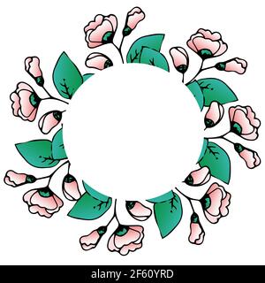 Cadre rond de fleurs, rose chinoise, hibiscus rose, décor floral pour la vaisselle et les photos, fleurs en forme de coolé, dessin à la main, vecteur. Illustration de Vecteur