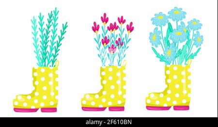 Ensemble mignon fleurs de printemps dans des bottes en caoutchouc jaune, élément de design et de décor, composition de ressort, illustration vectorielle dans le style de dessin animé, dessin à la main Illustration de Vecteur