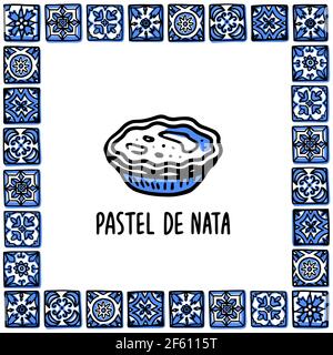 Portugal sites touristiques ensemble. Pastel de nata, dessert portugais traditionnel Egg Tart. Pâtisserie dans le cadre de tuiles portugaises. Illustration du vecteur de style d'esquisse Illustration de Vecteur